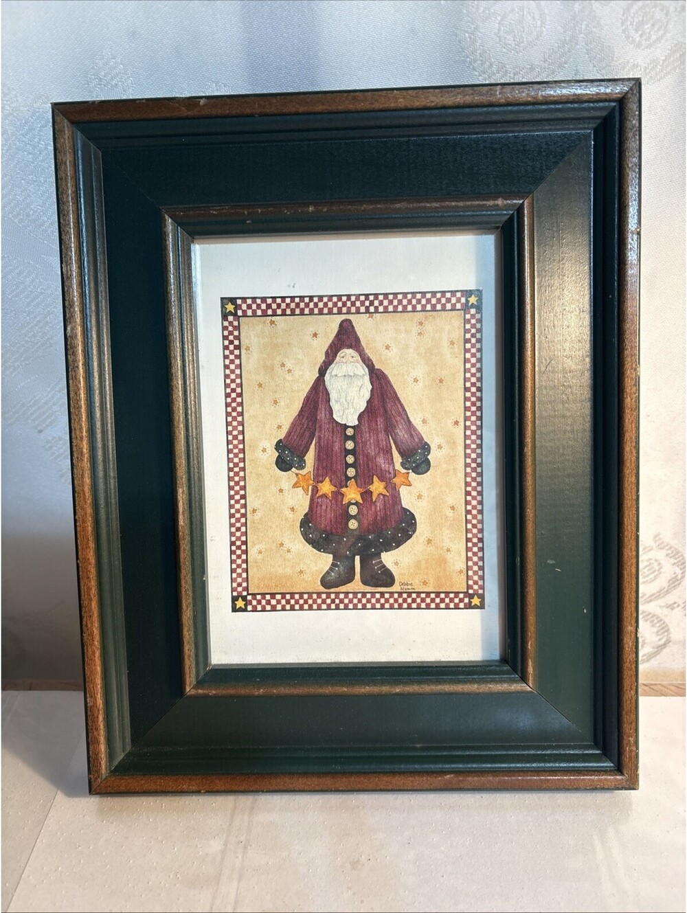 Vtg Folk Art Santa Claus with Stars by Debbie Mumm Green Wood Frame